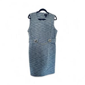 Halston's Blue Tweed Roundneck Midi Dress with Gold Chain Detailing Sz 16